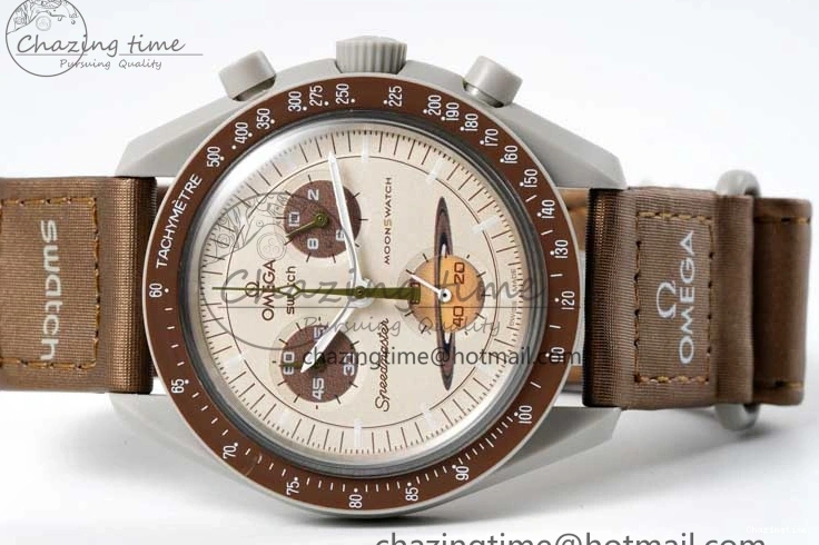 0427 Speedmaster Misson To Saturn 1:1 Best Edition Beige Dial On Nylon Strap Quartz Casual 7861